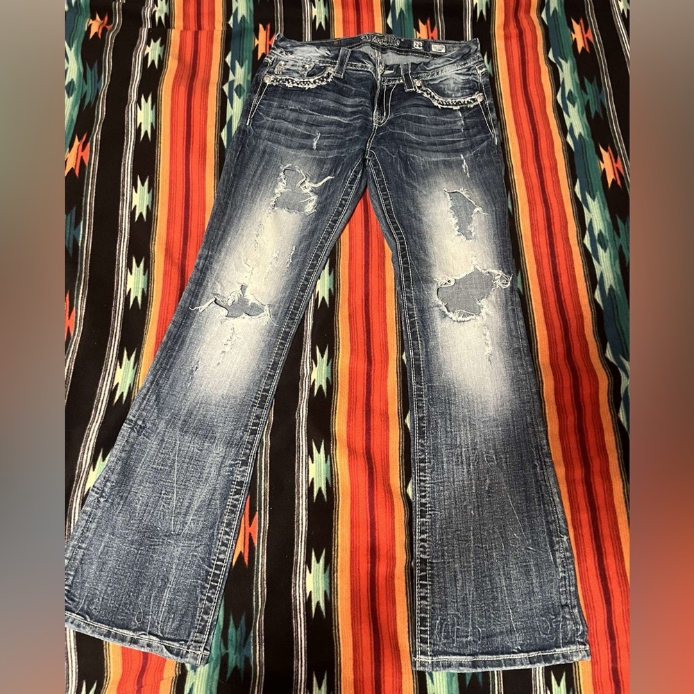 Miss Me Distressed Flare Jeans in Blue